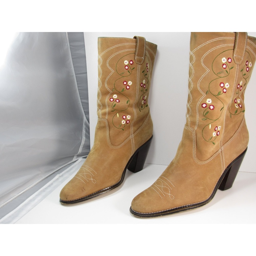 St John's Bay Boots Womens Size 8.5M Tan Western Floral Embroidered Leather - Picture 5 of 9